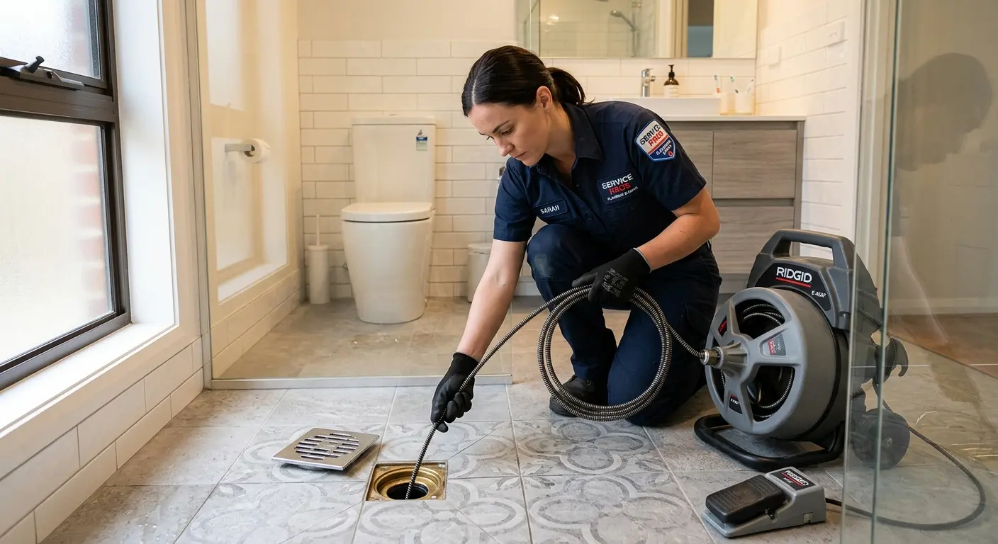 Technician clearing a bathroom floor drain for Drain Cleaning in Matawan